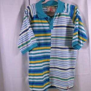 VTG Kanji Blue Asymmetrical Striped Short Sleeve Polo Mens XL
